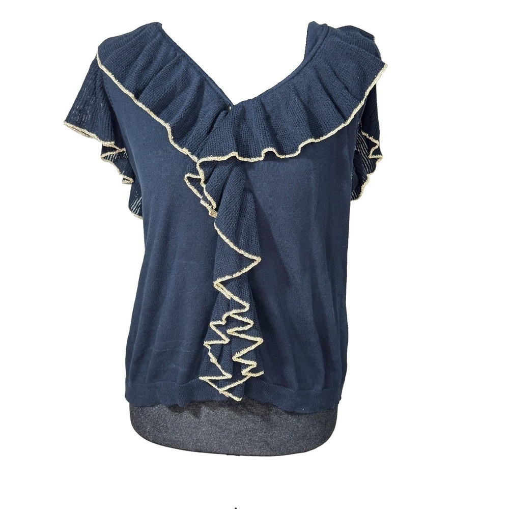 Women's Chaps Navy Ruffle Top V Neck Gold Trim Short Sleeve Sweater Blouse L - Picture 2 of 5